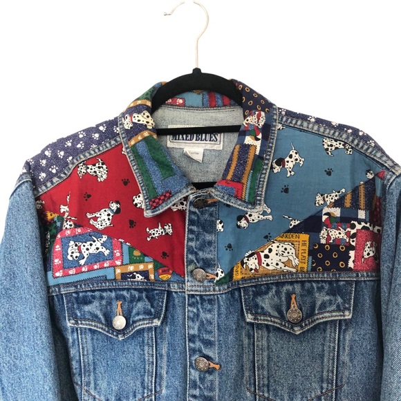 Vintage Patchwork Denim Jean Jacket Dalmatian Dog Quilt Size Large - Picture 2 of 9